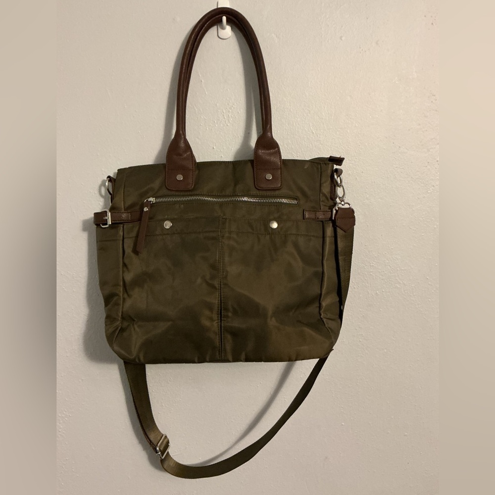 Signature Woman’s Olive Green Tote Bag with Brown Leather Accents.